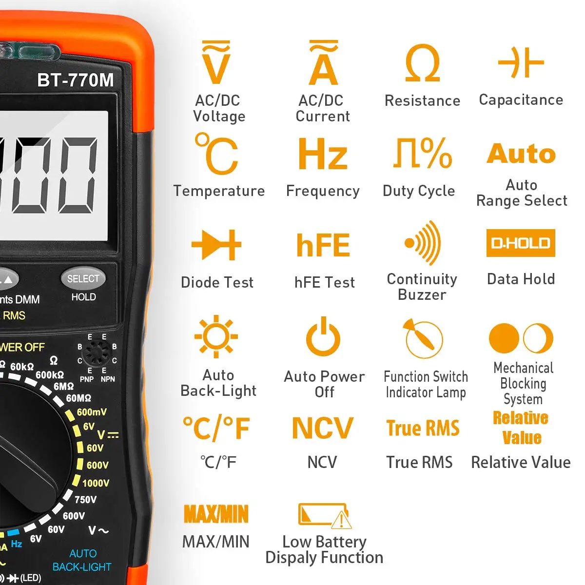 BT-770M Digital Multimeter TRMS 6000 Counts Auto/Manual Tester for AC/DC Volt/Amp, Ohm Capacitance Frequency Continuity NCV 4