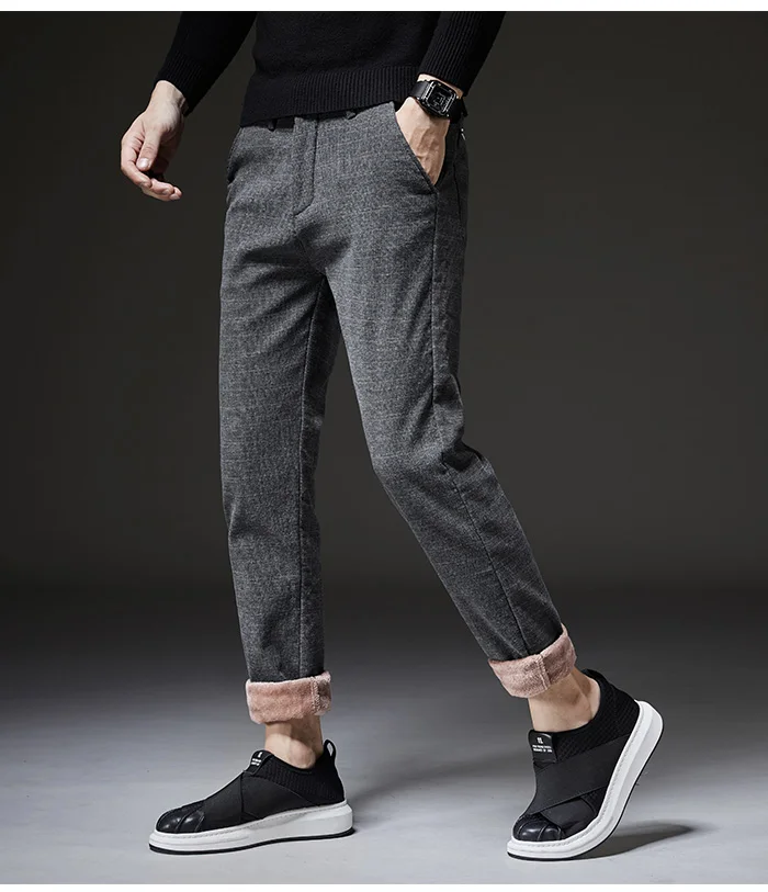 Мужские Зимние флисовые утепленные повседневные штаны, мужские деловые прямые эластичные плотные клетчатые хлопковые черные брюки, мужской размер 38