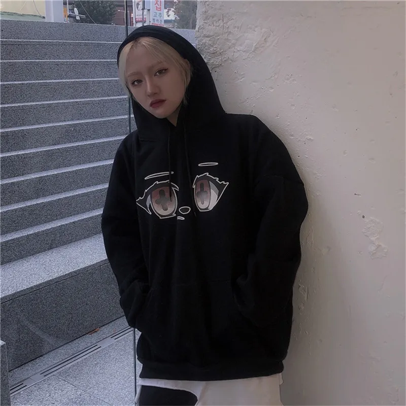 Lychee Harajuku мультфильм глаза Женские флисовые толстовки повседневные свободные женские толстовки спортивный костюм милый хлопок зимние женские пуловеры