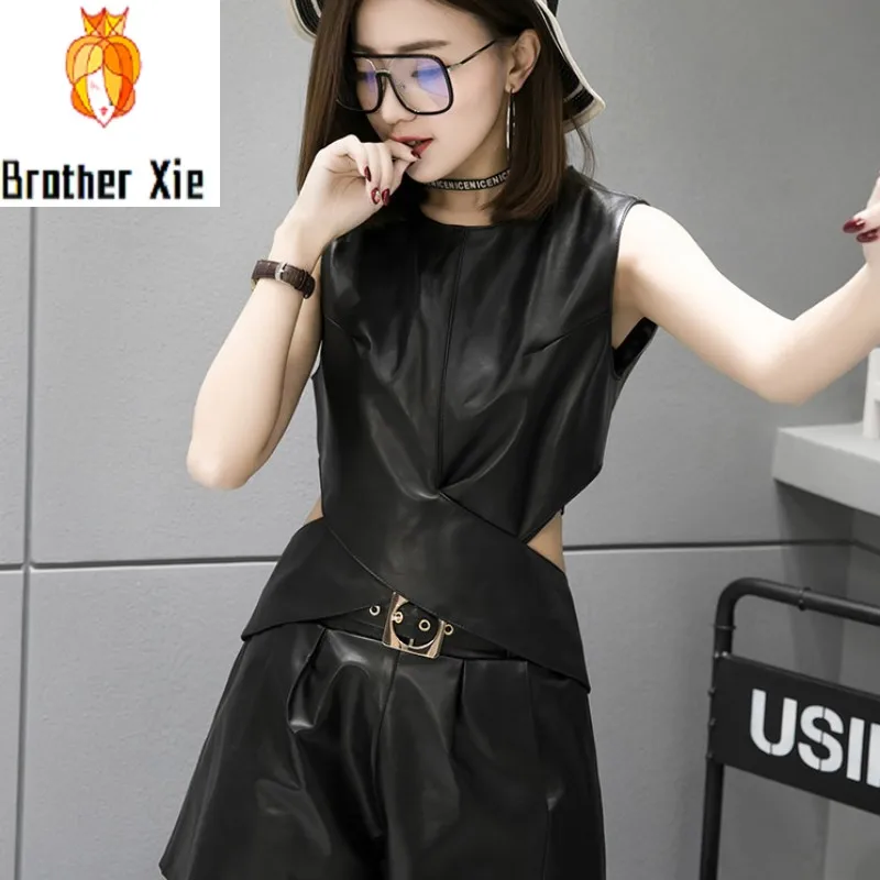 

2020 New Sexy Hollow Out Womens Sheepskin Vest Fashion Ladies Casual Sleeveless Tops Genuine Leather Vest Cross Strap Waistcoat