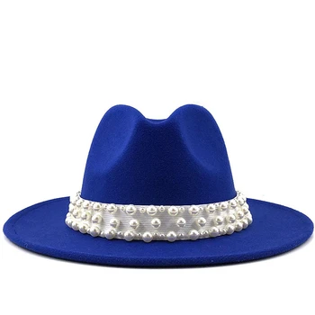 

Simple Men Women Wide Brim Wool Felt Fedora Panama Hat with pearl Buckle Jazz Trilby Cap Party Formal Top Hat 56-58-60CM