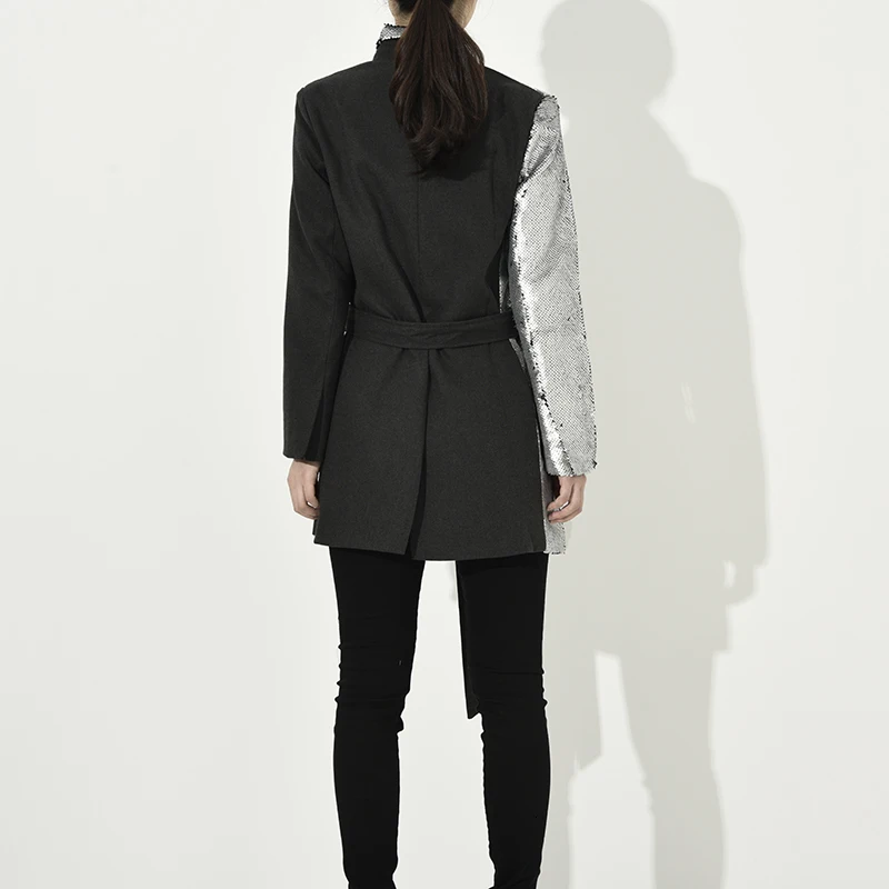 [EAM] Свободная облегающая бандажная куртка с блестками, новая женская куртка с отворотом и длинным рукавом, модное осенне-зимнее пальто JI99410