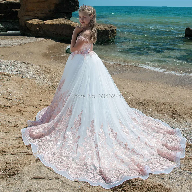 Розовое Бальное Платье с цветочным узором для девочек на свадьбу, г. Vestido De deminha, кружевное платье с бисером для первого причастия Длинные вечерние платья со шлейфом