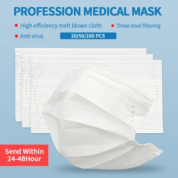 

50 100pcs Face Masks Disposable Mask White 3 Layer Non-woven Dust Mask Thickened Mouth Masks Dust-Proof Face Shield masken