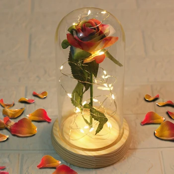 

New Romantic LED Lights Gold Rose In A Glass Dome for Wedding Valentine's Day 2.14 Gifts Flower Girlfriend Wife Home Party Decor