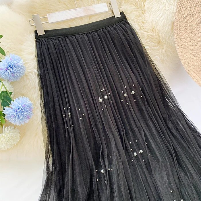 Женская плиссированная длинная юбка из тюля TIGENA, украшенная бусинамитрапециевидная юбка макси с высокой талией для женщин на осень-зиму