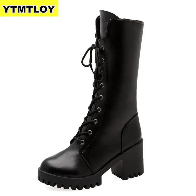 

2019 Sexy Lace Up Knee High Boots Women Fashion Flats Shoes Woman Square Heel Rubber Flock Botas Winter Leather Snow Boots