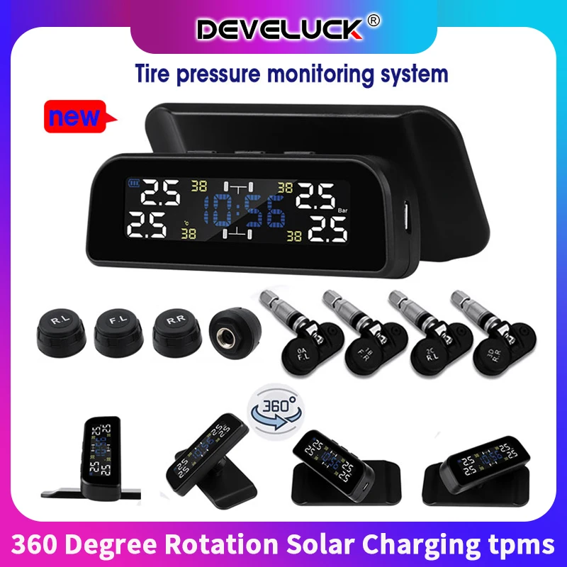 

Universal TPMS wireless Tire Pressure and Temperature Alarm Monitoring System Time Alarm 360 Degree Rotation Solar Charging tpms