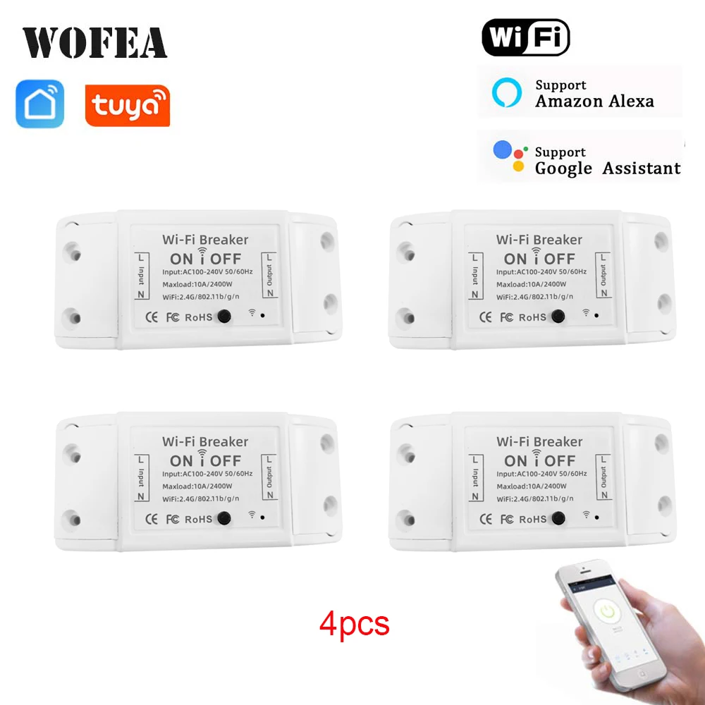 WOFEA-interruptor de luz inteligente con WiFi, temporizador de interruptor Universal, aplicación Smart Life, Control remoto inalámbrico, funciona con Alexa, Google Home, 4 Uds.