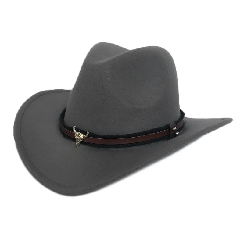 YY Metal Bull Belt Fedora Кепка для мужчин с широкими полями ковбойские шапки; сезон осень-зима теплая Трилби панама джаз шляпа FD19032 - Цвет: Grey Bull Cowboy
