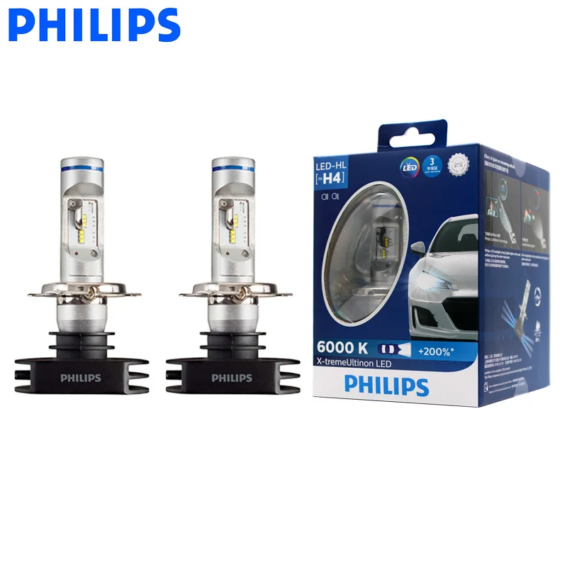 Philips светодиодный H4 9003 X-treme Ultinon автомобильный фонарь Hi-Lo 6000 К белые оригинальные