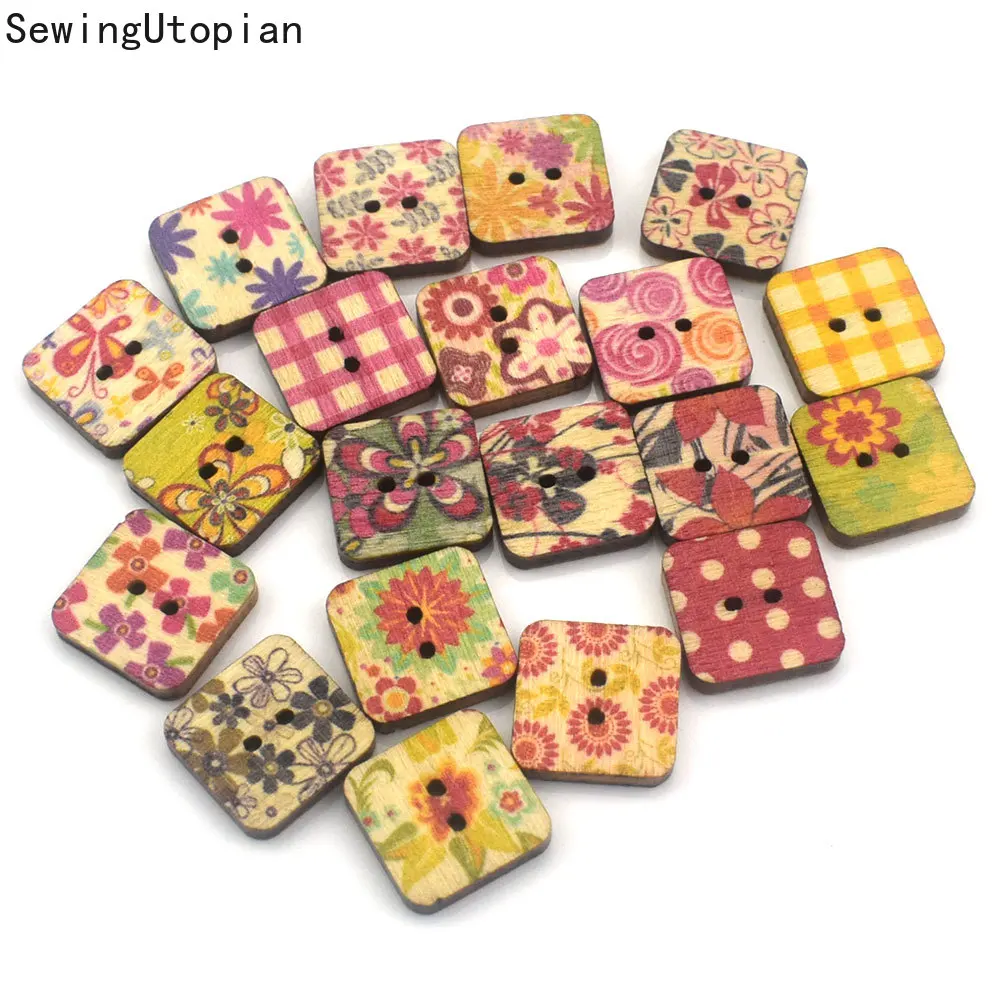 50PCS 2 Hole Mixed Wood Square 15mm Sewing Buttons for Cloth Needlework Flatback Scrapbooking Crafts Decorative Diy Accessories | Дом и сад