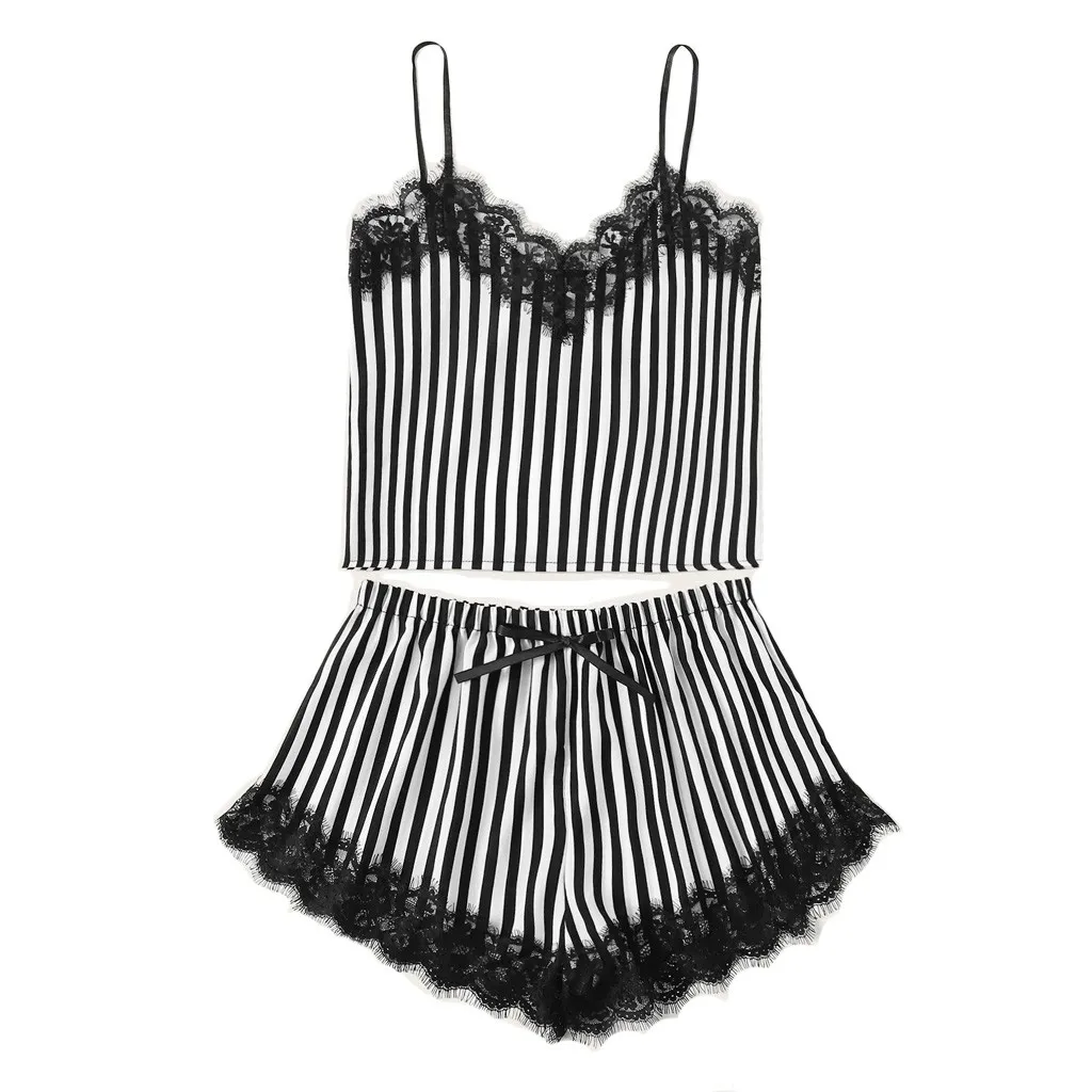 

MUQGEW Sexy Lingerie Black Lace Striped Shorts V-Neck Short Sleeve Set Summer Women Patchwork Sleepwear lingerie set #50