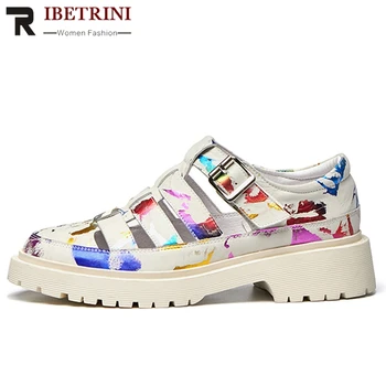 

RIBETRINI Girl Summer Cool Colorful Print Sandals Genuine Leather Platform Sandals Women Summer Casual Med Heels Shoes Woman