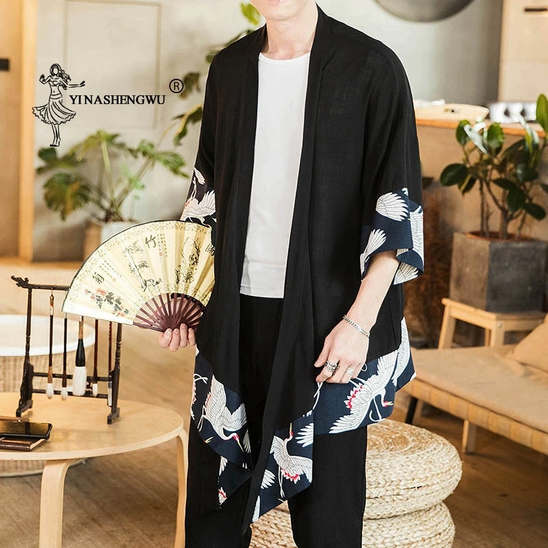 Print Shirt Long Coat Japanese Kimono Cardigan Men Yukata Male Haori Samurai Costume Jacket Mens Asian Clothe | Тематическая одежда
