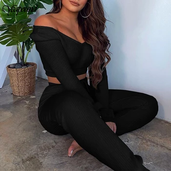 

Knitted Suit Two Piece Set Off Shoulder Top And Pants Set Women Skinny Sweater 2 Piece Set Women Autumn Winter Outfits