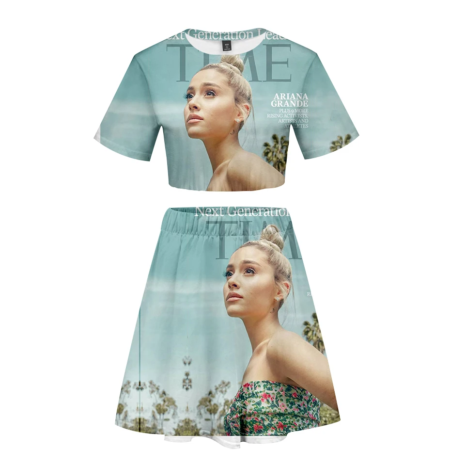 Ariana Grande/костюм с 3D короткой юбкой, Лидер продаж, футболка с короткими рукавами и короткая юбка, костюм из двух предметов, Новые повседневные комплекты высокого качества