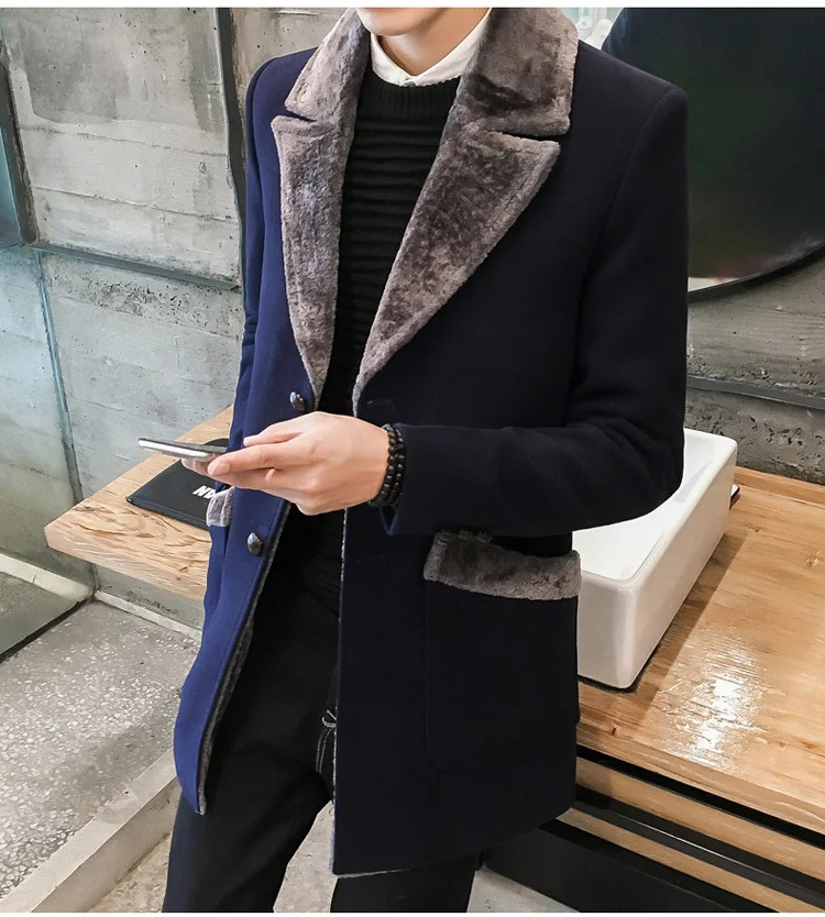 Fur Collar Trench Coat Men Wool Blend Winter Coat Slim Fit Men Manteau Homme Mid-Long Black Grey Mens Trench Coat Blue 4xl 5xl