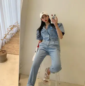 

2020 Women Long Rompers Fashion Jumpsuit Elegant ladies short Sleeve Loose Denim Jumpsuit Female Streetwear r863