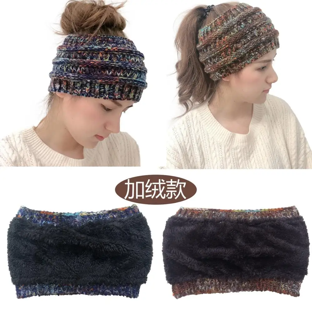 

New Knitted Horsetail with Fleece and Colored Stripe Warm Wool with Hollow Top Hair and Hat in 2019
