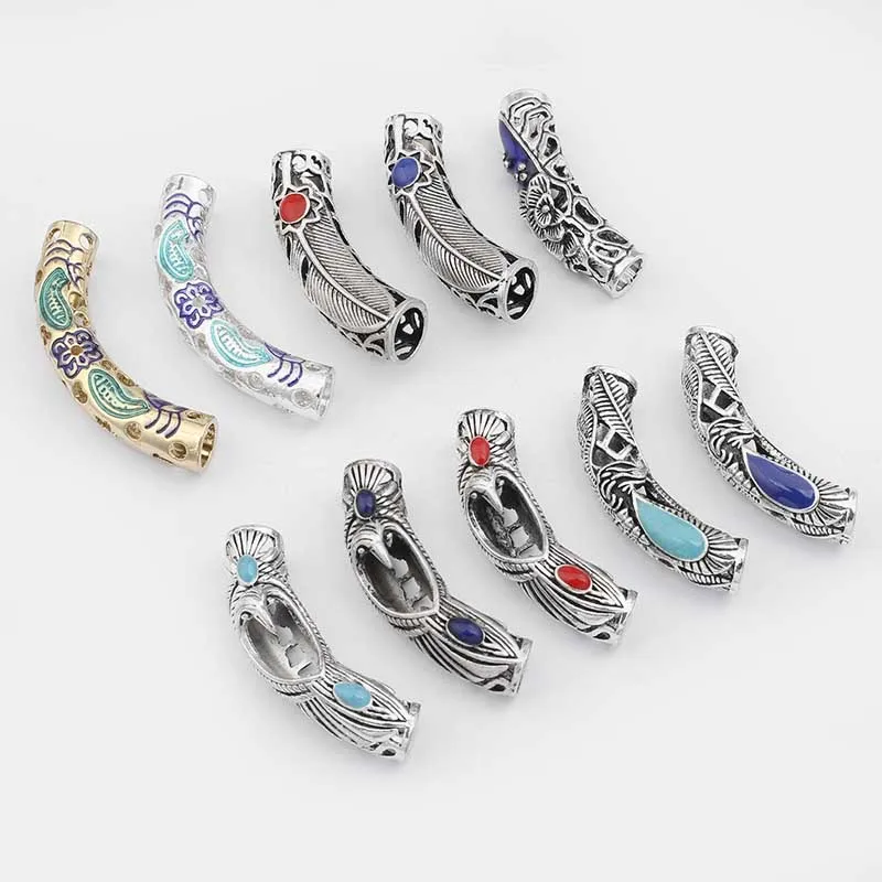 Perlina tubolare curva a forma di uva in argento Sterling, perlina tubolare a spirale cava in argento 925, perlina con foro grande ossidata, perlina per bracciale, perlina per collana 35 x 6