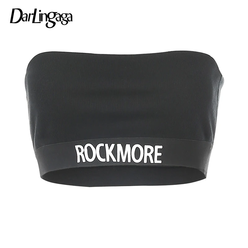 Black Top Darlingaga, уличная одежда, черный эластичный Топ, бандо, с буквенным принтом, укороченный топ, женская одежда, модные укороченные сексуальные топы без бретелек - Цвет: Black Top