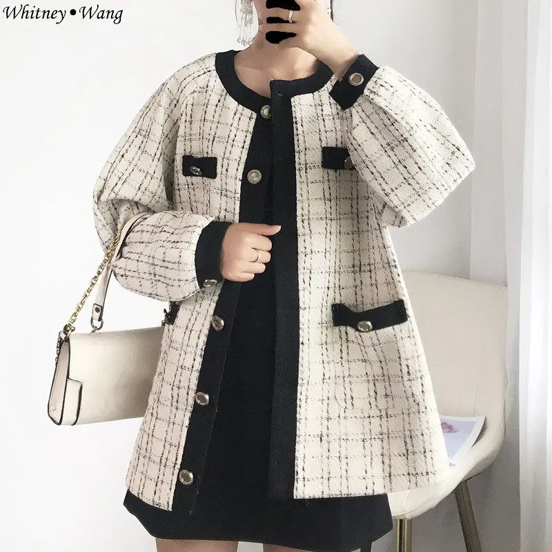 WHITNEY WANG Осенняя мода уличная цвета контрастный твидовый в клетку куртка пальто Женская стильная верхняя одежда