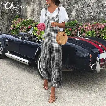 

Celmia Sexy Sleeveless Jumpsuits Women 2020 Summer Fashion Plaid Rompers Casual Straps Grid Playsuits Loose Holiday Overalls 5XL