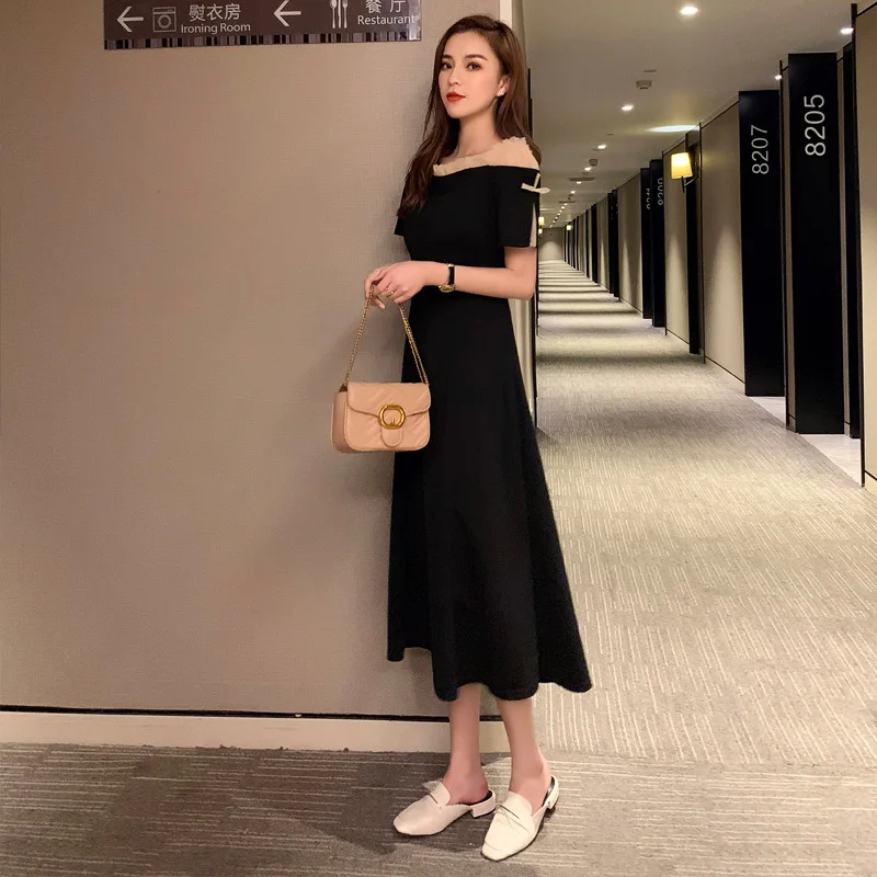 

2019 Summer New Style off-Shoulder Black And White with Pattern Dress Retro French Palace Style CHIC Hepburn Black Dress Long Sk