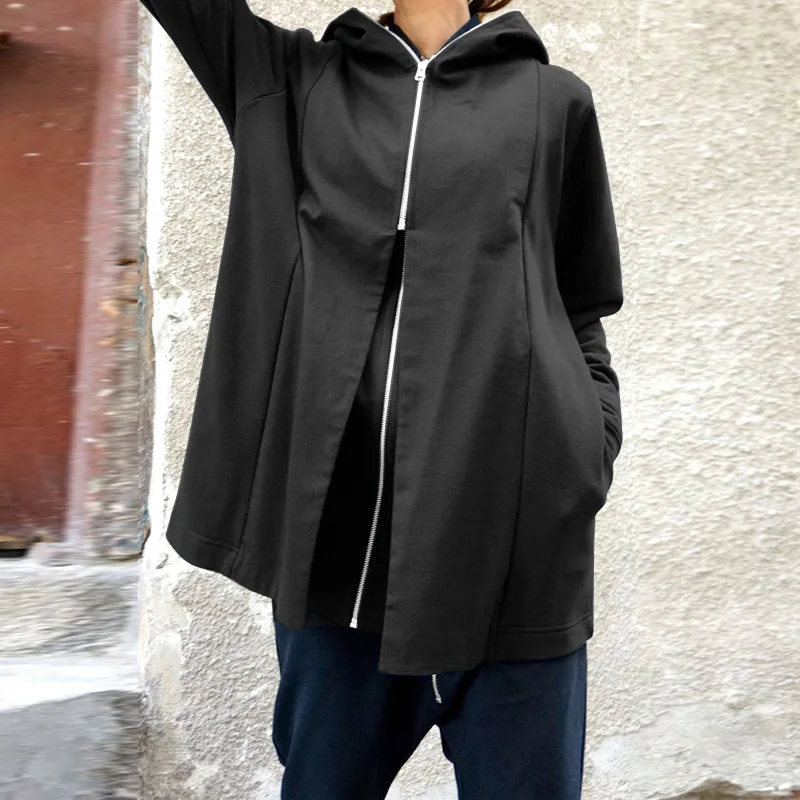ZANZEA свитшоты женские пальто модные толстовки с капюшоном пуловеры с длинными рукавами женские двухсекционные пуловеры на молнии плюс Размер 7 - Цвет: Темно-серый