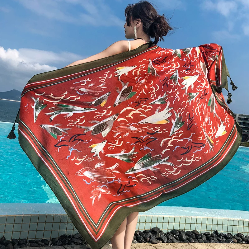 New scarf ladies summer national wind shawl scarf dual-use beach towel large sunscreen red exotic boho