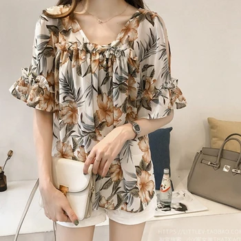 

Summer Women Shirt Printed Off-The-Shoulder V-Neck Chiffon Loose Bottoming Blouse Vintage Sweet Trumpet Sleeve Casual Tops