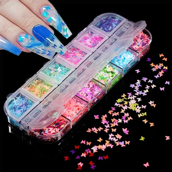 

12 Grids Mirror Sparkly Butterfly Nail Sequins Paillette Mixed Colors Nail Glitter 3D Flakes Slices Art Accessories