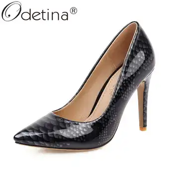 

Odetina Women Sexy Snake Printing Almond Toe Pull On Dress Pumps Female Stiletto Extreme High Heel Patent Leather Party Pumps