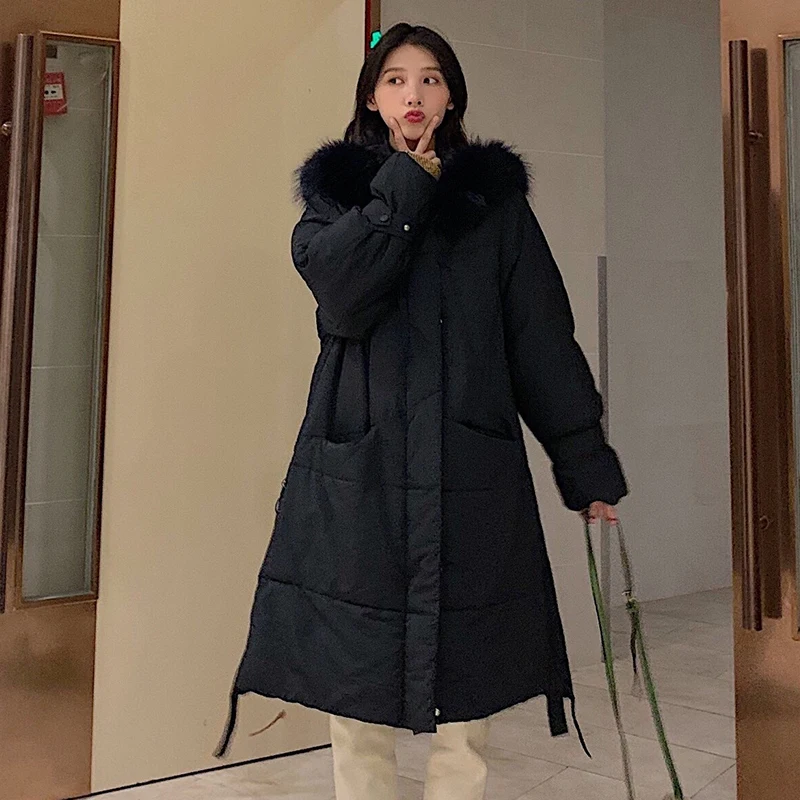 women solid thick long parka winter oversized jacket fur collar hooded Korean style loose warm female coat outwear manteau femme | Женская