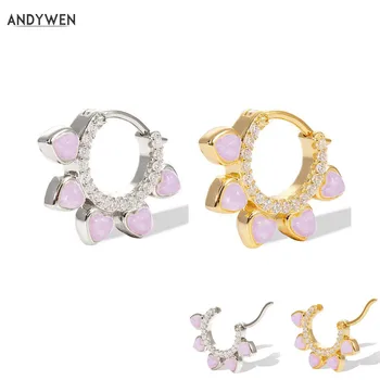

ANDYWEN New 925 Sterling Silver Purple Pink Opals Flower Huggies Middle Hoops Goold Circle Round Loops Women Earring Jewelry