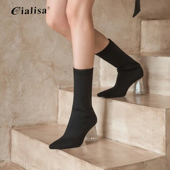 

CIALISA Boot New Design Crystal Strange Heel Pointed Toe Large Size 40-43 Shoes High Heel Slip On Mid Calf Boot For Women
