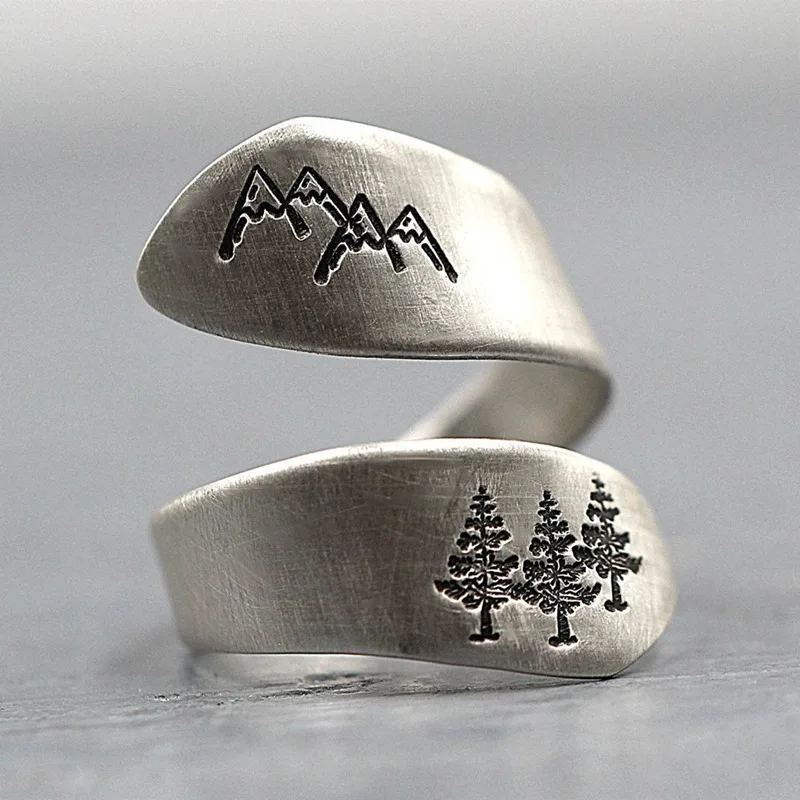 Simple ladies ring green tree mountain forest brushed wedding ring ladies party jewelry creative finger opening ring