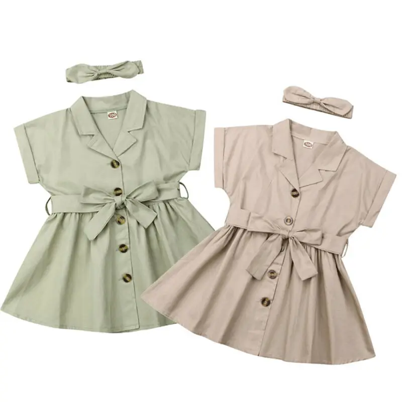

US STOCK Kids Baby Girl Dress V-neck Solid Color Button A-line Princess Girls Holiday Party Dresses