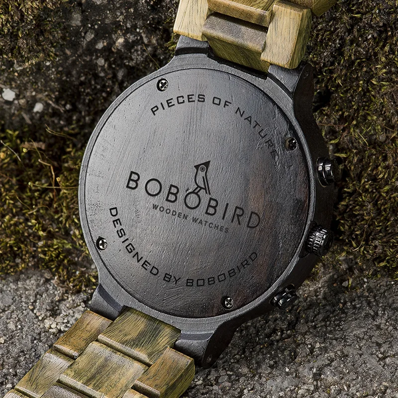 

Bobobird Cool Camouflage Sports Men Small Three Needle Date Timing Men Wooden Quartz Watch