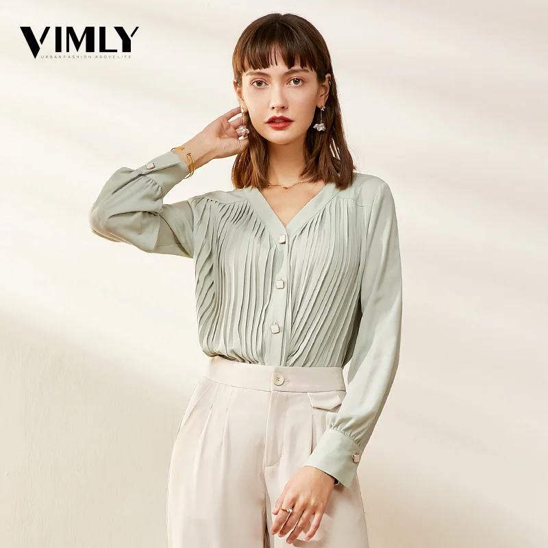 Vimly V образным вырезом офисные женские шифоновые блузки рубашки весенние