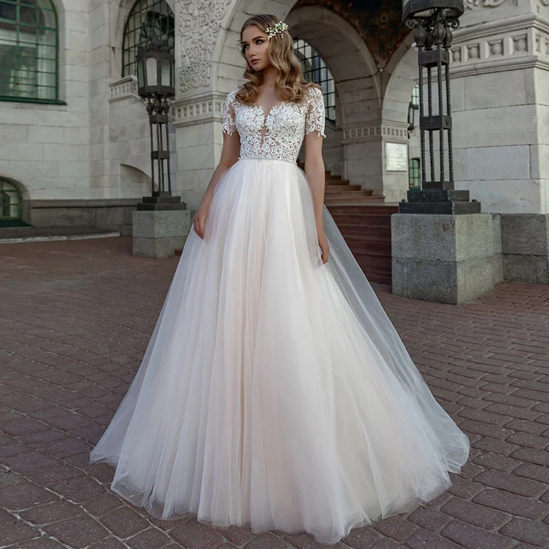 

Charming Tulle A-line Wedding Gowns 2020 Sheer O-neck Sweep Train Appliques High Quality Short Sleeve Bridal Dress