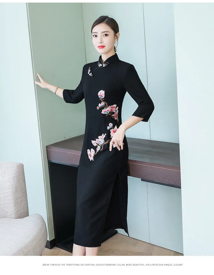 Autumn Cheongsam Long New Style Vintage Improved Ethnic-Style Slim Fit Slimming Women's Embroidered Cheongsam Dress