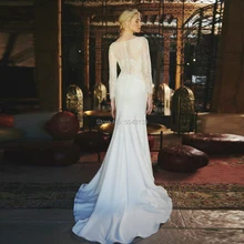 Шикарные атласные с кружевное платье с аппликацией и длинными рукавами Свадебные платья сексуальный v-образный вырез Русалка свадебное платье развертки Поезд; обувь под свадебное платье для невесты