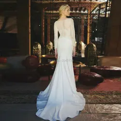 Шикарные атласные с кружевное платье с аппликацией и длинными рукавами Свадебные платья 2020 сексуальный v-образный вырез Русалка свадебное
