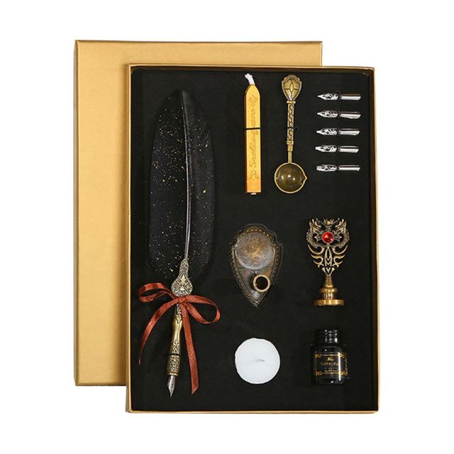Gold Luxury Vintage Feather Quill Dip Calligraphy Fountain Pen Writing Ink 5 Nibs Set Stationery Gift Box