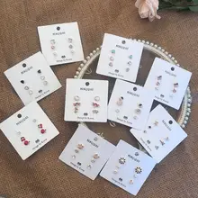 MENGJIQIAO Новое милое платье с фруктовым принтом из вишен, сердце, серьги со шпилькой, для Для женщин Нежный кристаллами Boucle D'oreille студентов ювелирные изделия 6 шт./компл