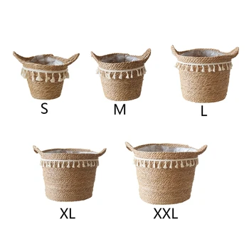 

Nordic Handmade Straw Laundry Picnic Toy Storage Basket Tassel Macrame Woven Flower Pot Plant Container Decoration