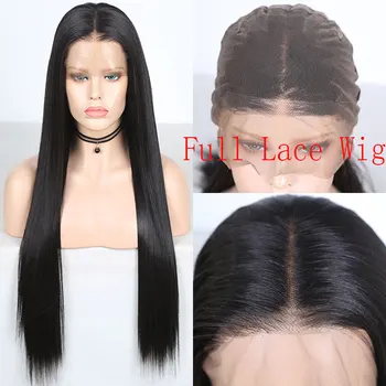 

Bombshell Black Synthetic Hair Hand Tied Full Lace Wig Glueless Straight Heat Resistant Fiber Hair Middle Parting For Women Wigs