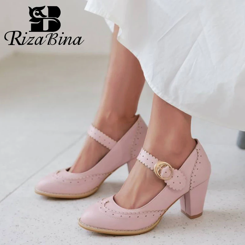 

RIZABINA Women Pumps Shoes Modern Hollow Out Design Metal Buckle Shoes Women Fashion Round Toe Thick Heels Footwear Size 32-48